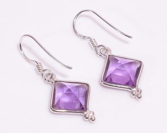 Amethyst Haken Ohrring, Quadrat Edelstein Haken Ohrring, Quadrat Tropfenohrring, Handgemachter Tropfen Ohrring 925 Sterling Silber Lila Edelstein Ohrring