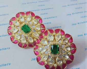 Moissanite Polki Emerald Stud Earrings: 925 Sterling Silver