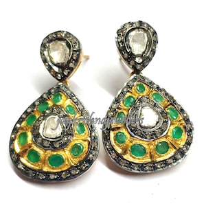 Emerald Drop Earring, Polki Diamond Dainty Earring, Emerald Gemstone Earring, 925 Sterling Silver Handmade Jewelry Victorian Earring