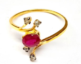 Ruby & Diamond Ring: Handmade 925 Sterling Silver Solitaire Jewelry Gift For Her