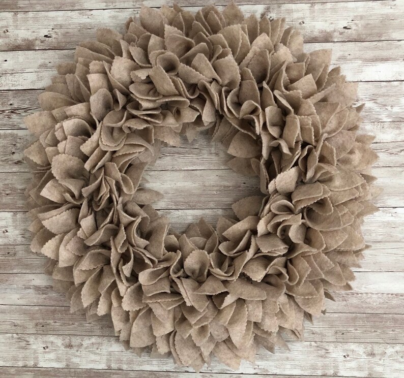 Indoor or Outdoor Use. Sandstone Oatmeal Felt Rag Wreath 20 Perfect Neutral Color covered