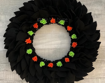 Black Halloween Wreath for Front Door, Orange Green Floral Decor, Handmade Felt Wreath