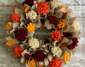 Fall Wreath for Front Door, Autumn Felt Flower Wreath, Thanksgiving Decor