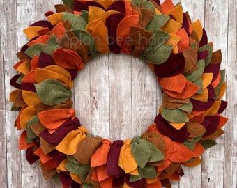 Low Profile Fall Wreath for Storm Door, Autumn Leaves Decor, Handmade Felt Wreath