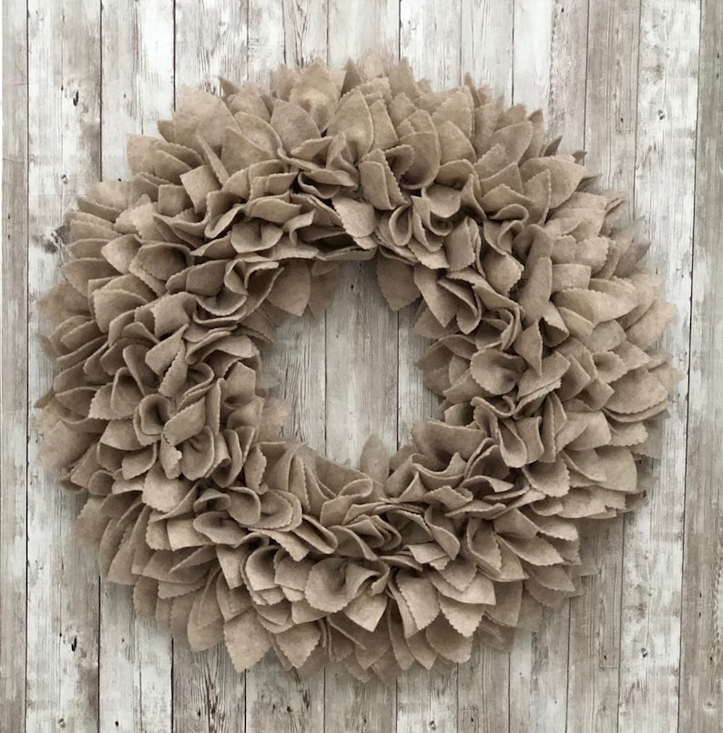 Indoor or Outdoor Use. Sandstone Oatmeal Felt Rag Wreath 20 Perfect Neutral Color covered