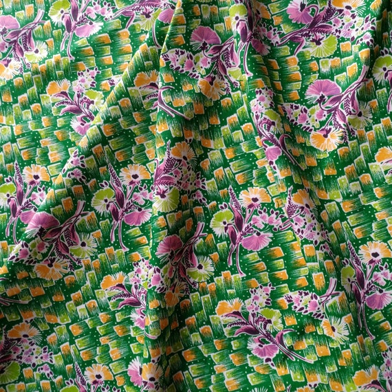 Vintage Cotton Fabric Made in USSR. 70s Soviet Cotton Fabric, Russian Vintage Fabric with Flowers, Retro Fabric.
