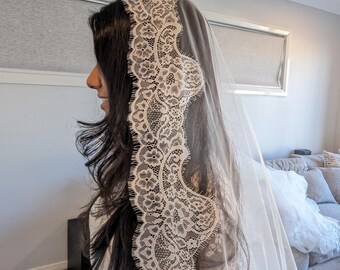 Harper - Alencon/French lace Mantilla Wedding Veil, Cathedral Alencon/French lace Mantilla Wedding Veil, 1 tier cathedral Mantilla Lace Veil