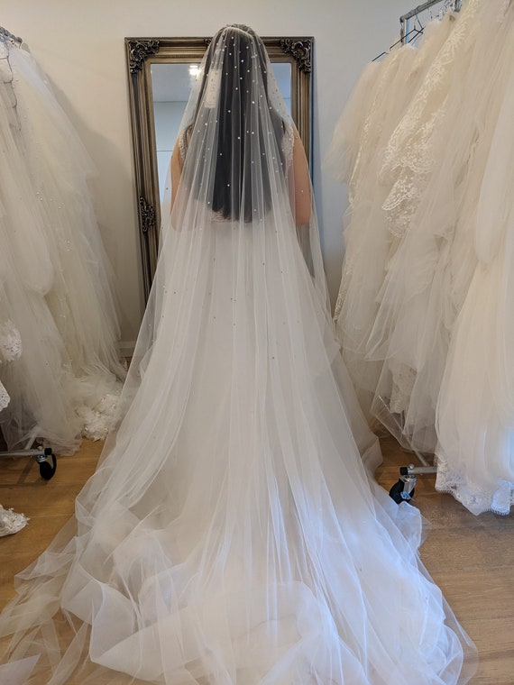 Rhinestone-Scattered Tulle Cathedral-Length Veil