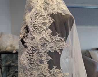 Amber - Alencon/French lace Mantilla Wedding Veil, Cathedral Alencon/French lace Mantilla Wedding Veil, 1 tier cathedral Mantilla Lace