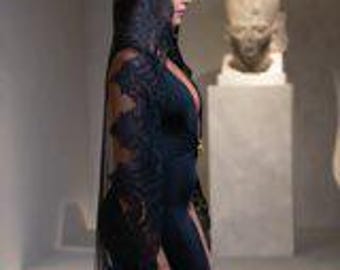 GISEL - Black Cathedral Wedding Veil, Single Tier Black mantilla lace, sheer tulle, Spanish-inspired, gothic bridal veil