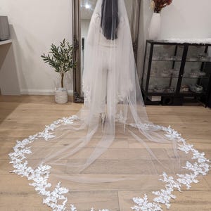 May include: A white tulle wedding veil with a floral lace trim. The veil is long and flowing, and the lace trim is delicate and intricate.