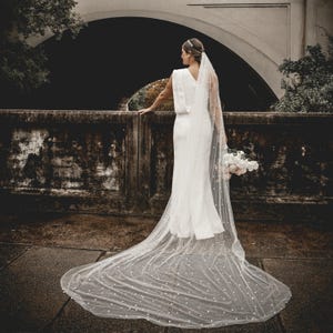 MEREDITH- Pearl Embellished Bridal Veil, Pearl Wedding Veil, Ivory Veil, Bridal Veil, Wedding Veil, Cathedral Wedding Veil