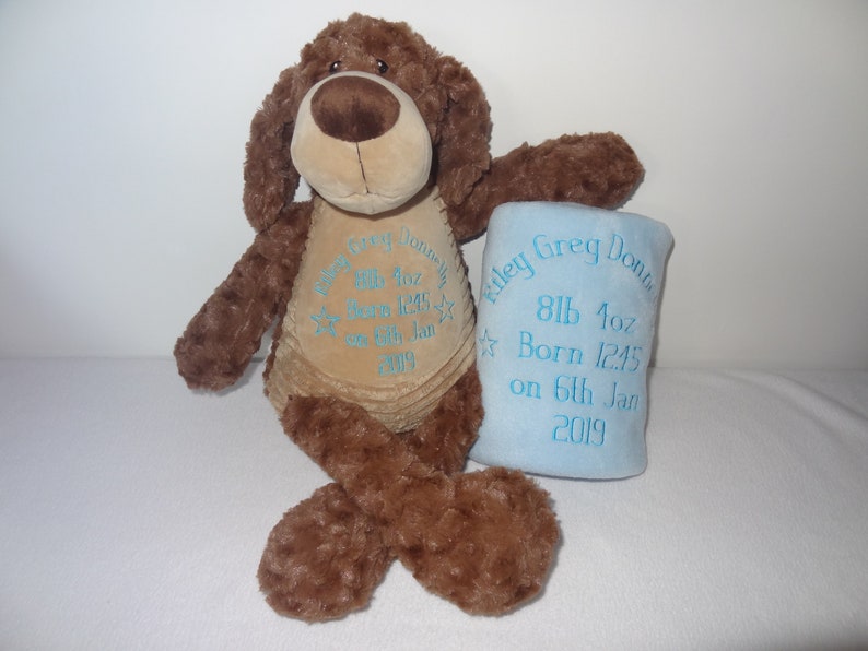 Personalised dog and baby blanket perfect gift for newborn christening birthday etc large teddy beautifully embroidered gift