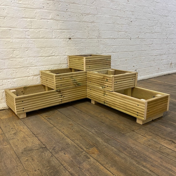 Large 3 Tiered Corner Garden Level Steps Wooden Decking Patio - Large Wooden Patio Planters Large 3 Tiered Corner Garden Level Steps Wooden Decking Patio - Large Wooden Patio Planters