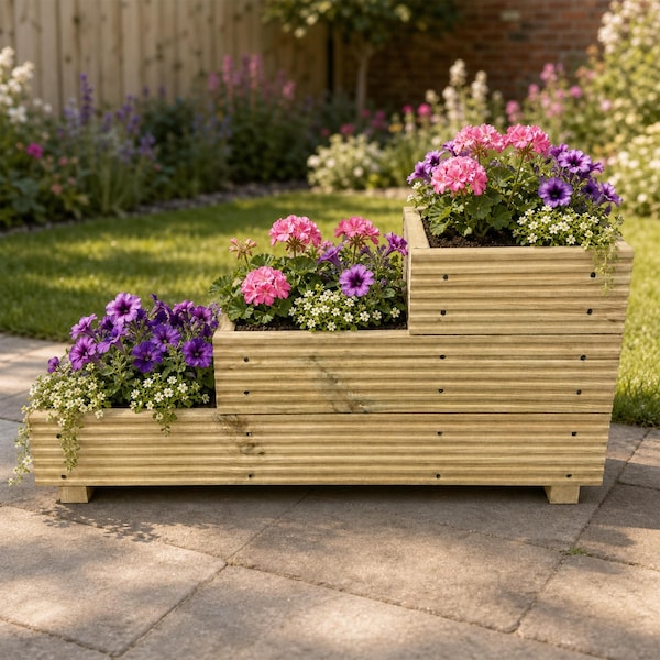 Large 3 Tiered Herb Garden Level Steps Wooden Decking Patio Planter Trough