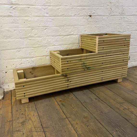 Large 3 Tiered Herb Garden Level Steps Wooden Decking Patio - Large Wooden Patio Planters Large 3 Tiered Herb Garden Level Steps Wooden Decking Patio - Large Wooden Patio Planters
