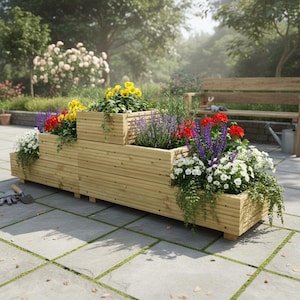 May include: A tiered wooden planter box with a natural light brown finish, featuring three distinct levels. The planter is filled with a variety of colourful flowers, including yellow pansies, red geraniums, purple salvia, and white trailing petunias.