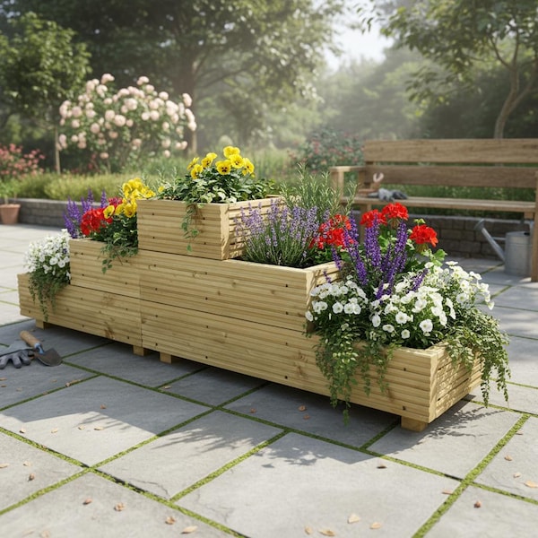 Large 3 Tiered straight Garden Level Steps Wooden Decking Patio Planter Trough