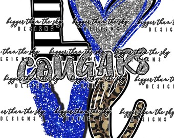 Love Cougars,  BLUE & Gray black sublimation PNG Digital Download