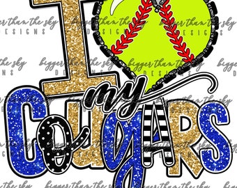 I Love My COUGARS Blue, Gold Glitter SOFTBALL sublimation PNG Digital Download