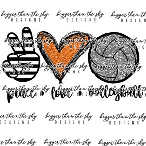 Peace Love Volleyball Orange Black silver sublimation PNG Digital Download