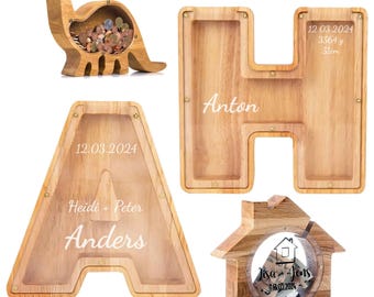 Spardose, Buchstabe für Kind, Hochzeit, Geburtstag mit Gravur/Name, Hochzeitgeschenk, zum Einzug