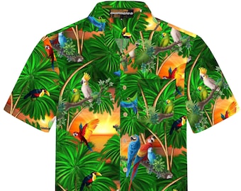 Chemise Hawaïenne Homme "Jungle Parrots" / 100% Coton / taille S - 8XL / vert