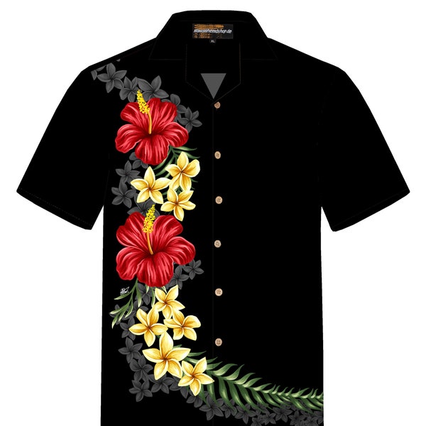 Hawaiihemd / Hawaii Hemd "Black Elegance" für Herren / 100% Baumwolle / Größe S - 8XL / Blumen / schwarz