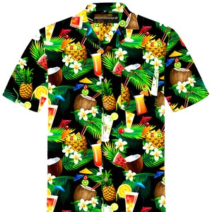 Camicia Hawaiana per uomo &quot;Hawaiian Cocktails&quot; / 100% Cotone / taglia S - 8XL / nero
