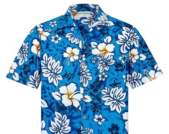 Hawaiian Shirt "Classic Flowers (blue)" for men / 100% cotton / size S - 8XL / Hibiscus / Flower / blue