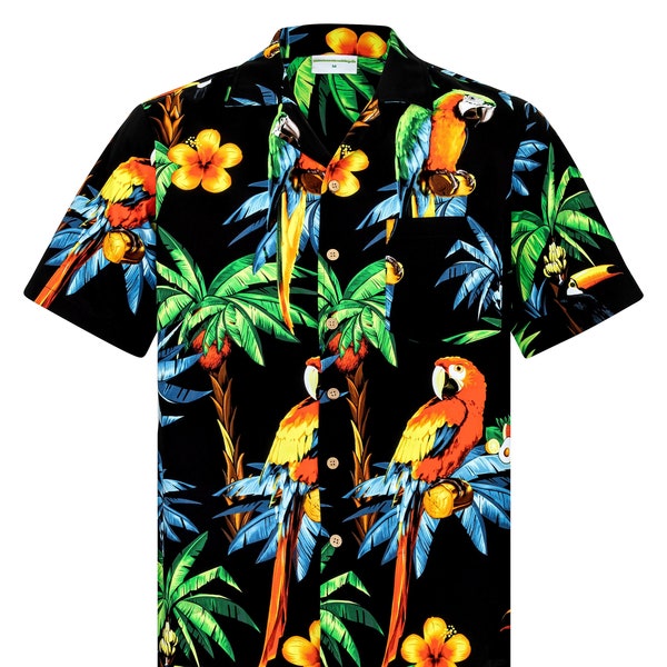 Hawaiishirt / Hawaiishirt "Hawaiian Parrots 2.0" voor heren / 100% katoen / maat 6XL + 8XL / papegaai / zwart