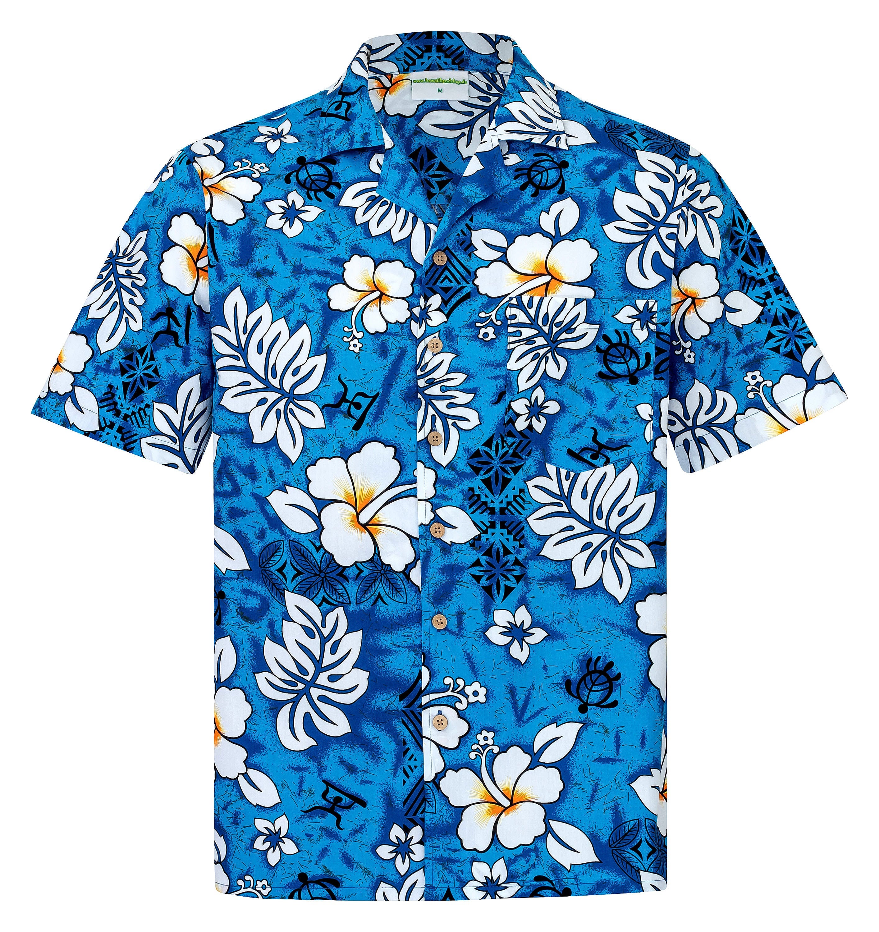 Hawaiihemdshop Hawaiian Shirt Classic Flowers (Blue) for Men / 100% Cotton / Size S - 8XL / Hibiscus / Flower / Blue