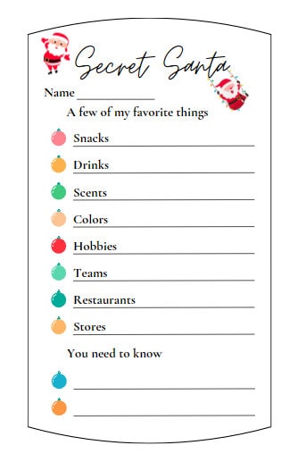 Printable Secret Santa Questionnaire: Office Party Gift Ideas (digital Printable Secret Santa Questionnaire: Office Party Gift Ideas (digital