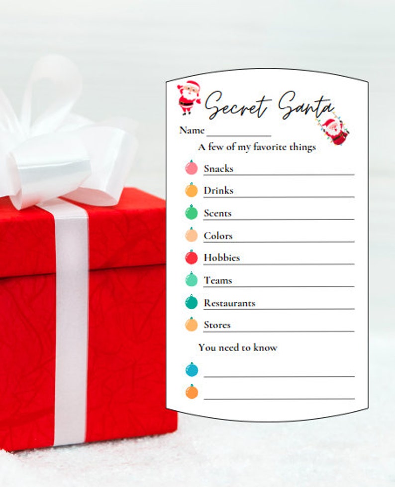 Printable Secret Santa Questionnaire, Secret Santa Questionnaire ...
