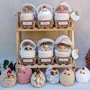 May include: A set of nine fluffy, white, brown and pink chicks in nests on a wooden shelf. The chicks are made of yarn and have red beaks and black eyes. The nests are made of white yarn and have a woven texture. The shelf is made of wood and has two tiers. The chicks are arranged in a row on the top tier and in a row on the bottom tier. The chicks are all facing forward. The chicks are all about the same size. The chicks are all about 12.5 cm tall. The chicks are all about 10 cm wide. The chicks are all about 7.5 cm deep.