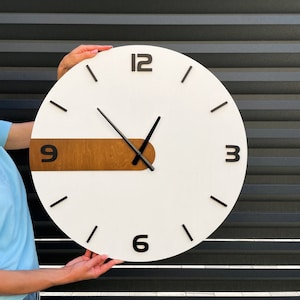 Mid-century modern white large wooden wall clock | Retro wall clock | Silent unique 24&#39;&#39; 60 cm clock for office | Gift for home wall décor|