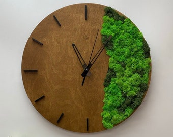 Moss Wall Clock: Wooden Eco Decor, Silent Clock