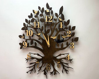 Wooden wall clock in the form of a deciduous tree, Silent mechanism and carved branches replace premium decor, Unique gift for parents