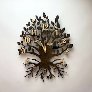 Wooden wall clock in the form of a deciduous tree, Silent mechanism and carved branches replace premium decor, Unique gift for parents