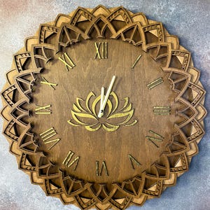 Lotus Mandala Wooden Wall Clock: Layered Laser Cut Boho Decor