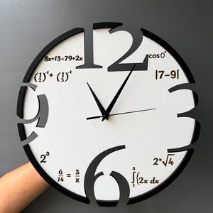 Op de afbeelding: Een ronde, witte wandklok met zwarte cijfers vervangen door wiskundige vergelijkingen. De klok heeft een zwarte rand en zwarte wijzers. De klok wordt tegen een grijze achtergrond gehouden.