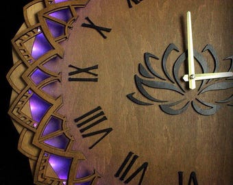 Mandala Wooden Wall Clock: RGB LED Glowing Night Light