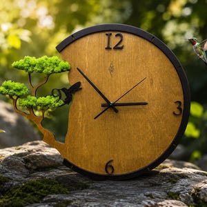 May include: A circular wooden wall clock with a dark frame, featuring black numerals 3, 6, and 12. The clock face includes a cutout design of a tree with bright green moss foliage and a black hummingbird silhouette, plus black clock hands.
