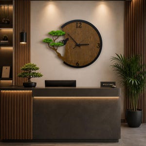Wood Wall Clock with Preserved Moss, Bonsai Clock, Modern Wooden Wall Clock, Office Decor, Luxury Wall Decor, Handmade Clock