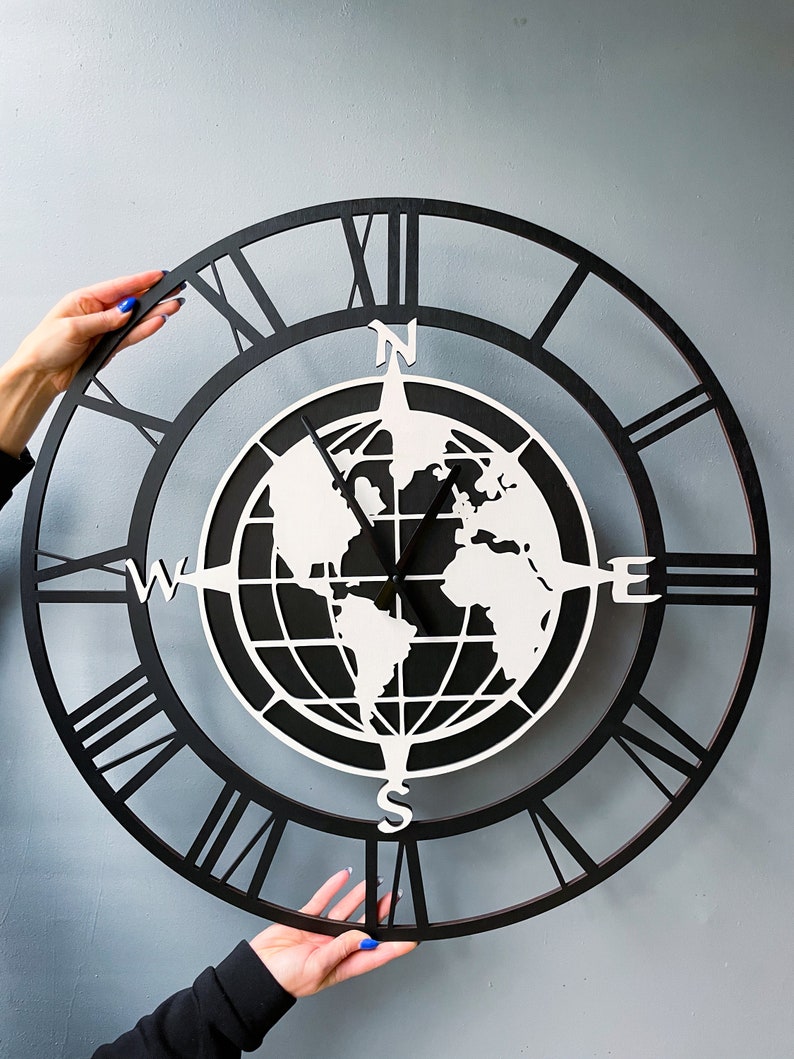 World Map Wooden Wall Clock, Earth Wall Clock, Geographic Compass Clock ...