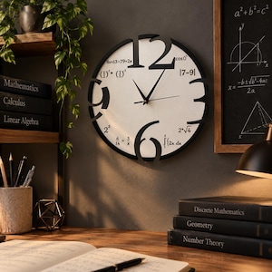 May include: A round wall clock with a white face and black numbers. The numbers are replaced by mathematical equations and expressions. The clock features black hour, minute, and second hands. The frame is black and has a cut-out design.