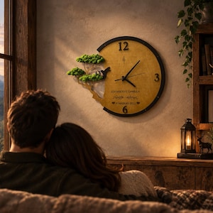 May include: A circular wall clock with a gold-toned face and a black frame. The clock features a three-dimensional green moss bonsai tree element on the left side. It displays the text EDOARDO E CAMILLA and 6 MAGGIO 2023 with black hands.