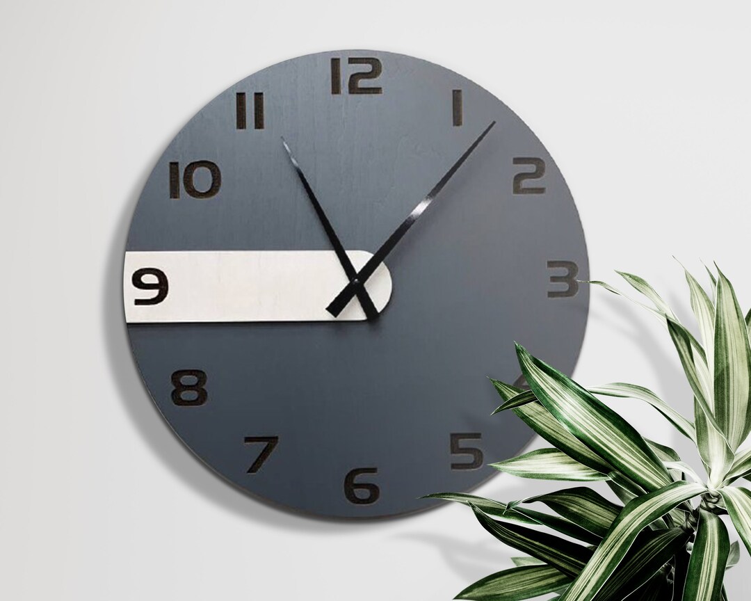 Grey Round Wall Clock, Minimalist Gray Wall Clock, Large Wall Clock for