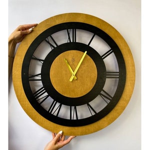 Roman numerals round wooden wall clock | 24&quot; 60cm Extra-large office & home wall clock | Mid century modern wall clock | Gift for home decor