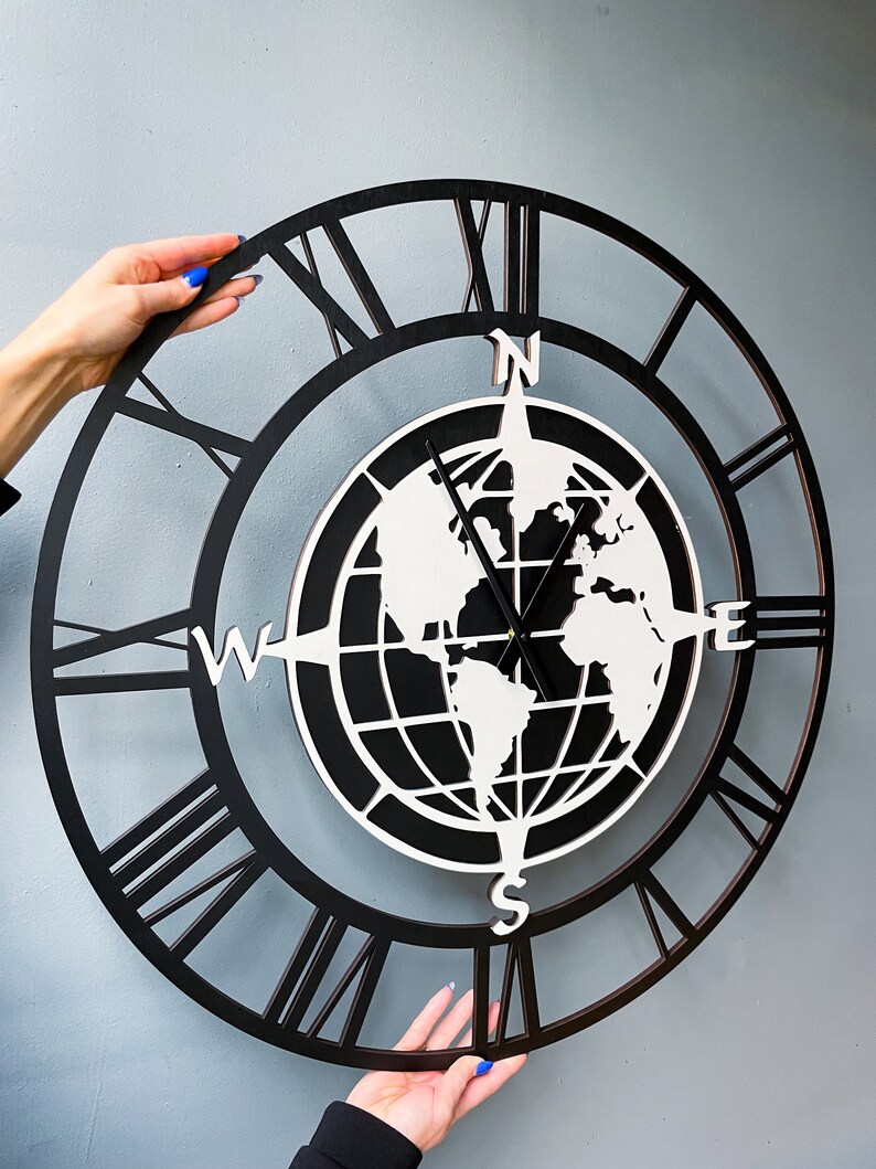 World Map Wooden Wall Clock, Earth Wall Clock, Geographic Compass Clock ...